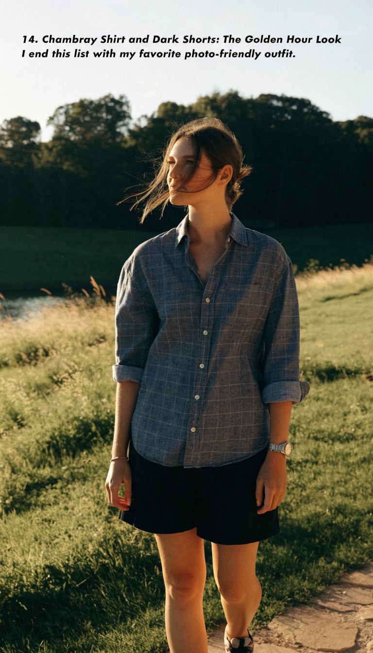men's summer camping golden hour outfit with chambray shirt and dark shorts