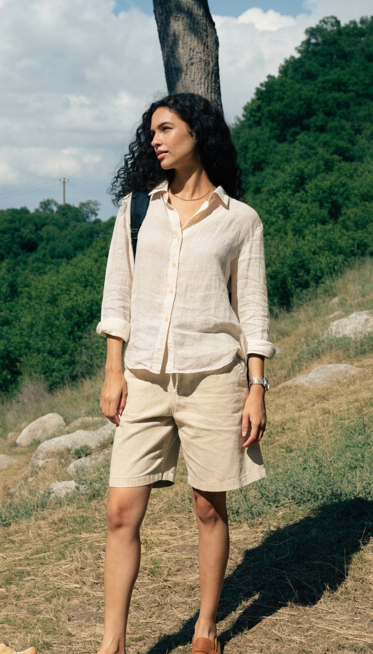 men's summer camping dinner outfit with linen shirt and chino shorts