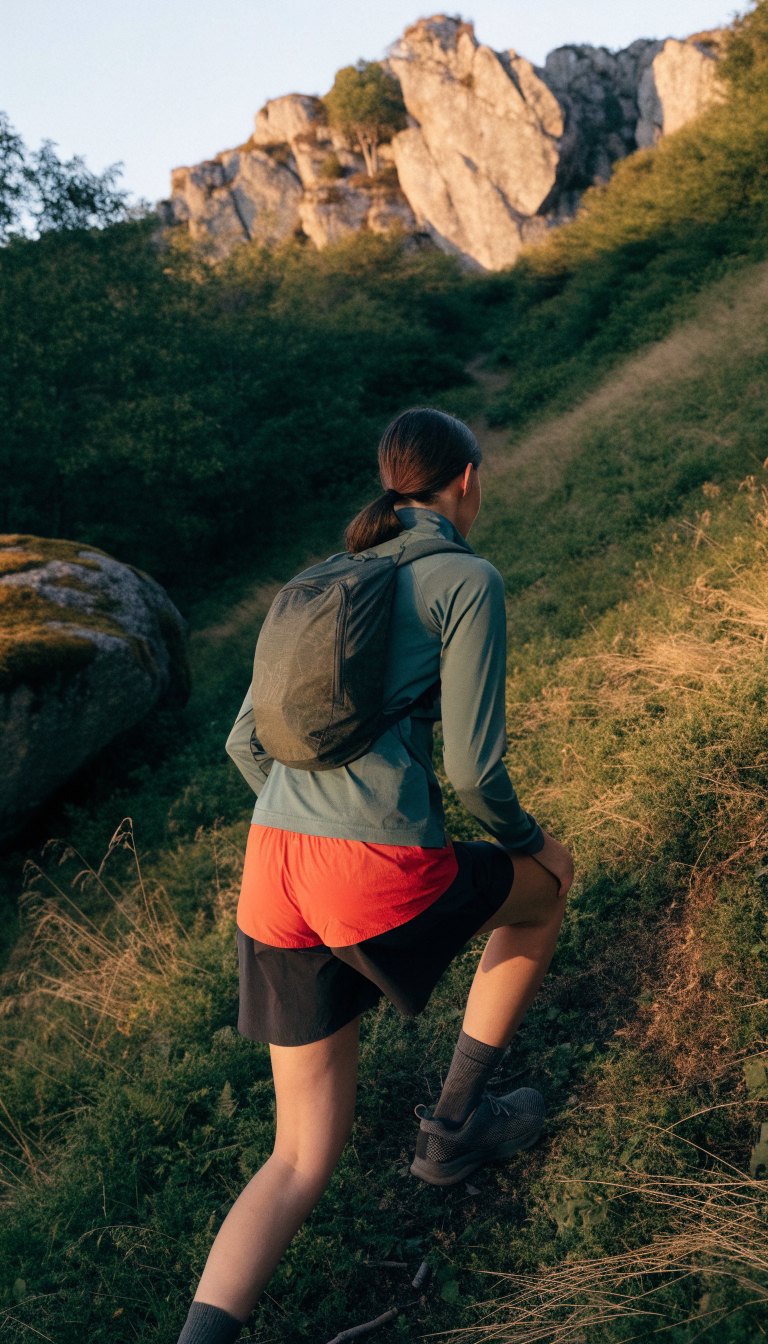 men's summer camping early morning hike outfit with quarter zip and running shorts