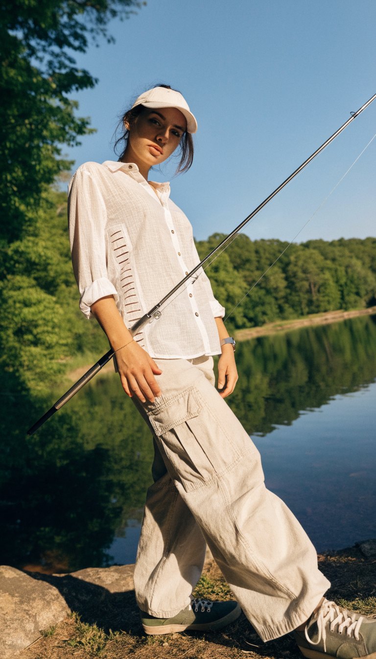 men's summer camping fishing morning outfit with vented fishing shirt and cargo pants