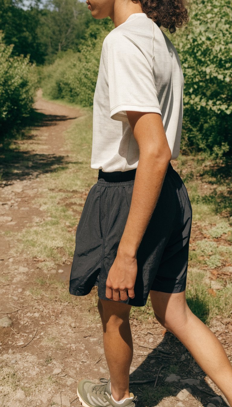 warm day hiking outfit with moisture wicking tee quick dry hiking shorts and trail runners on summer trail