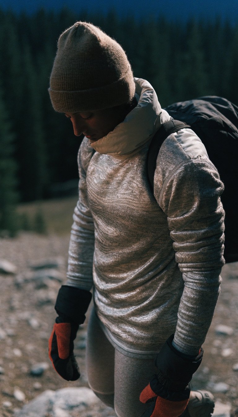 cold night camping outfit with thermal base layer fleece and insulated jacket with beanie and gloves