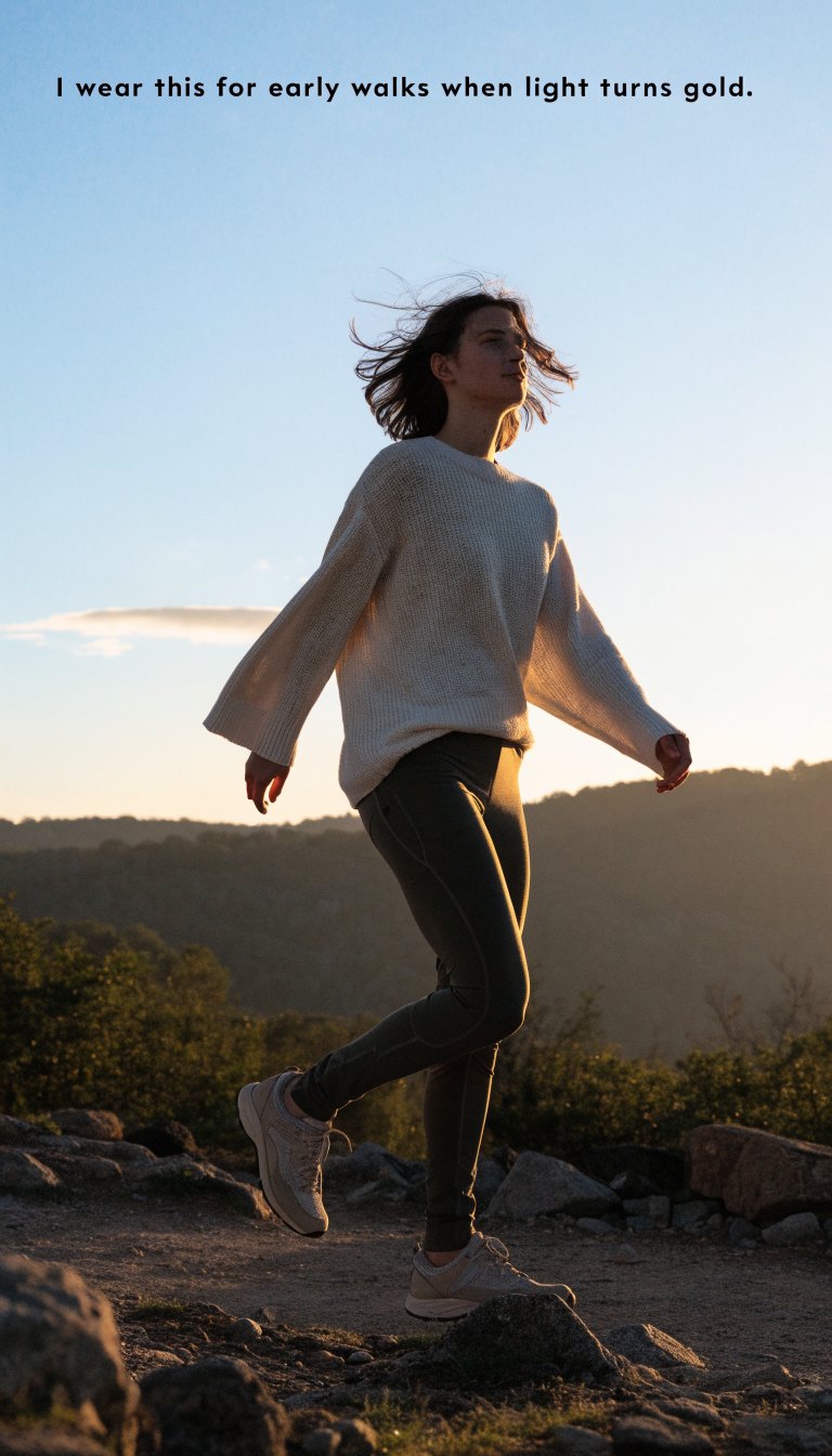 sunrise photo walk hiking outfit with soft knit sweater stretch hiking pants and light boots