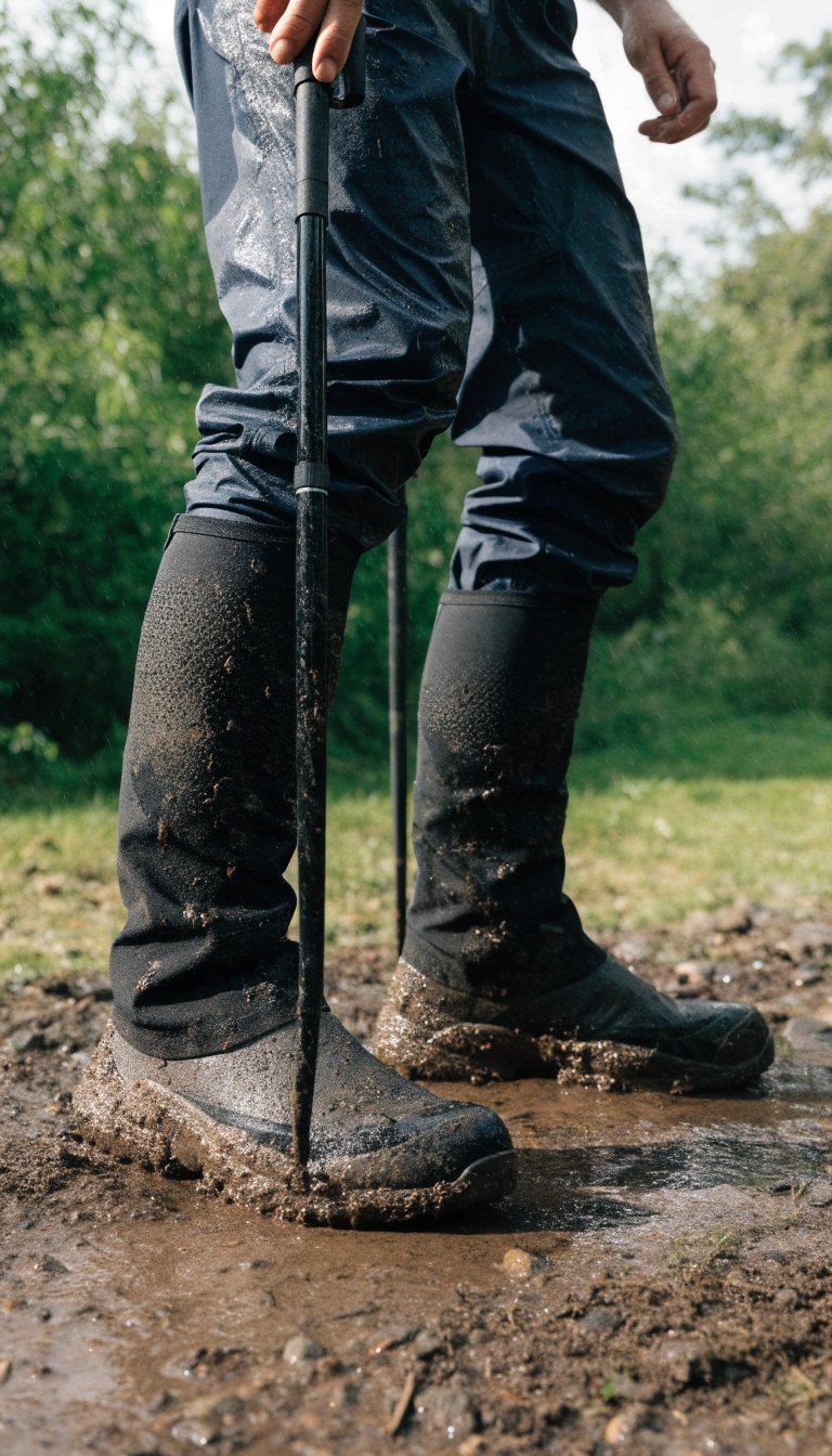 muddy trail hiking outfit with waterproof boots gaiters and dark quick dry pants after rain