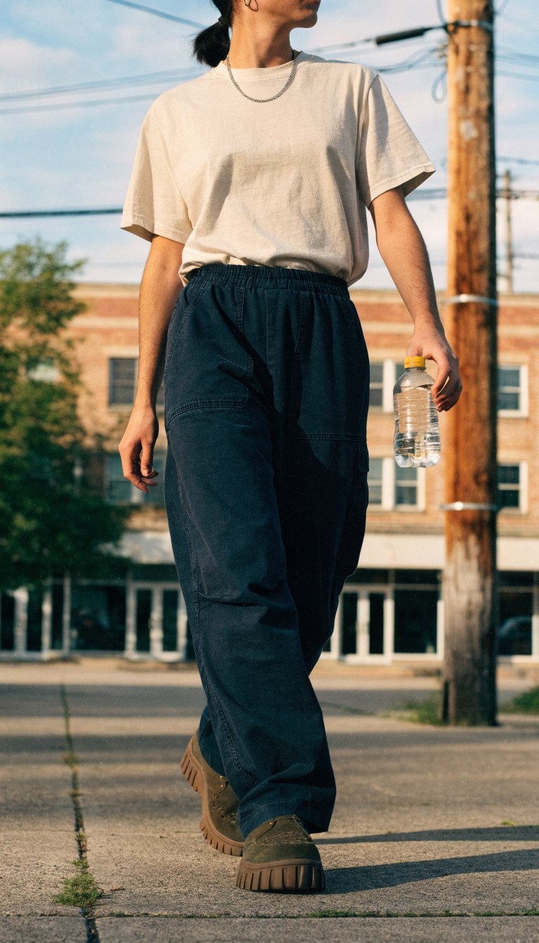 casual town stop after camping outfit with clean tee stretch pants and comfortable camp shoes
