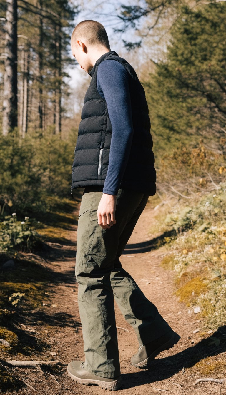 cool morning hiking outfit with long sleeve base layer insulated vest and hiking pants on chilly trail