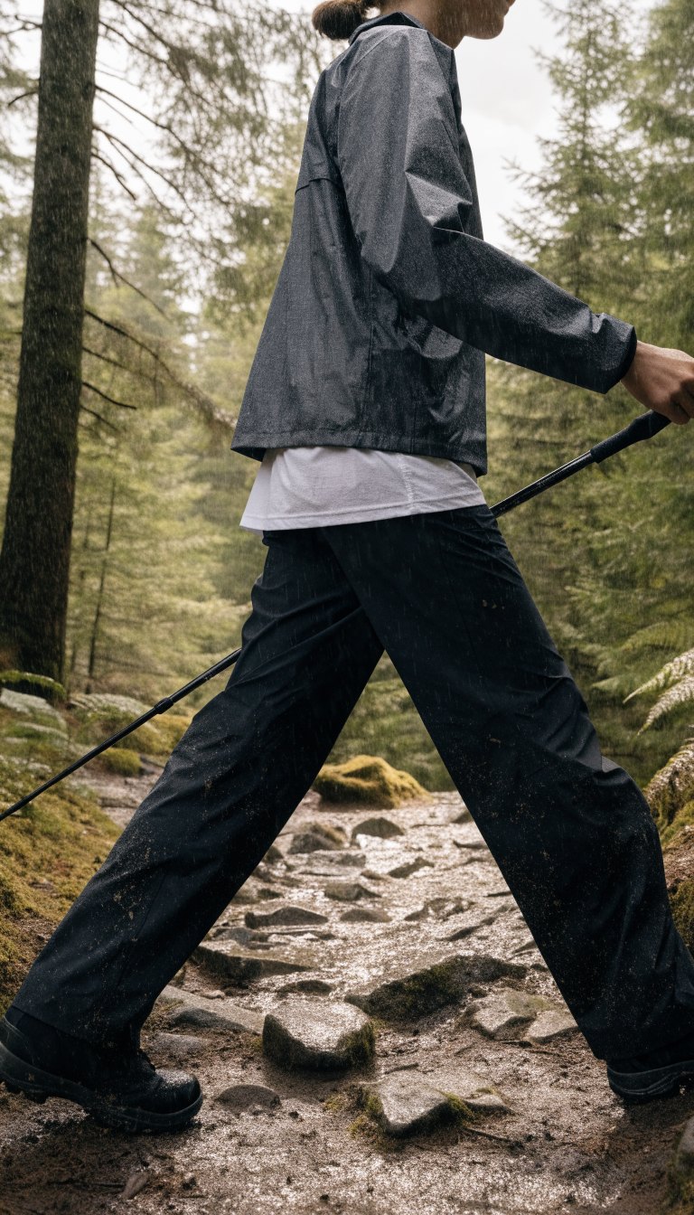 rainy day hiking outfit with waterproof rain shell quick dry pants and waterproof hiking boots on wet forest trail