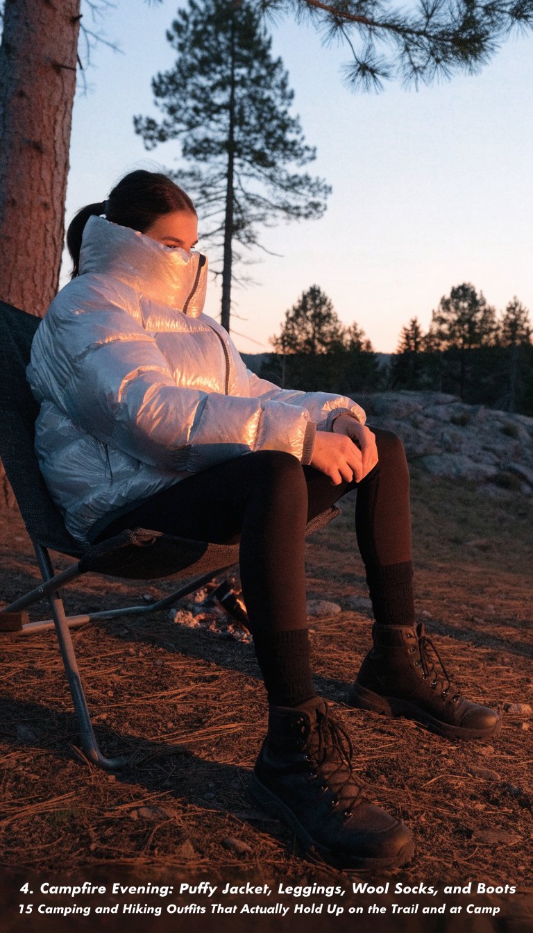 cozy campfire evening outfit with puffy jacket leggings wool socks and hiking boots at campsite