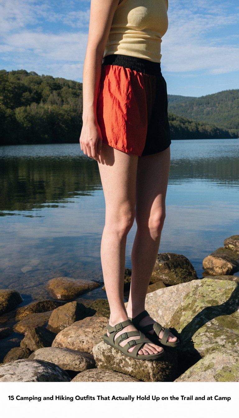 lakeside camping outfit with swim top quick dry shorts and camp sandals at lake