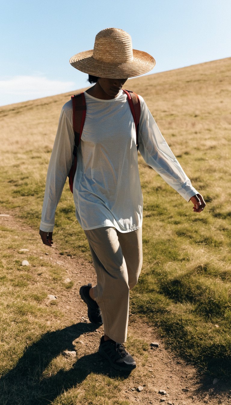 sunny ridge hiking outfit with UPF sun shirt light hiking pants and wide brim hat