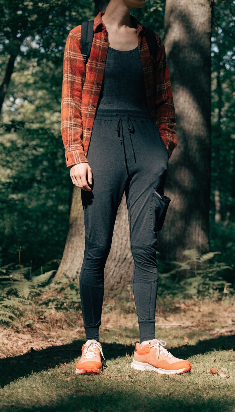 casual forest hiking outfit with flannel shirt over tank top and stretch hiking pants