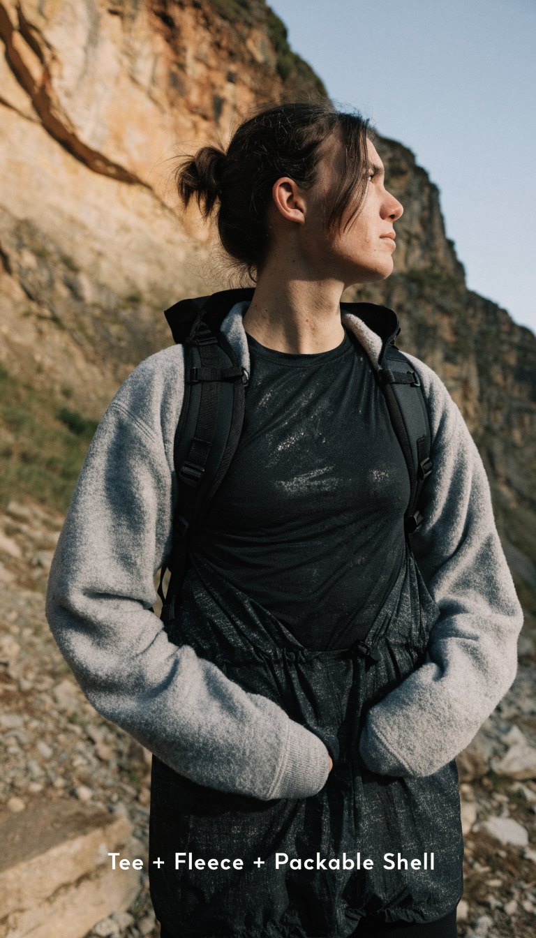 layered hiking outfit for changing weather with wicking tee fleece and packable shell