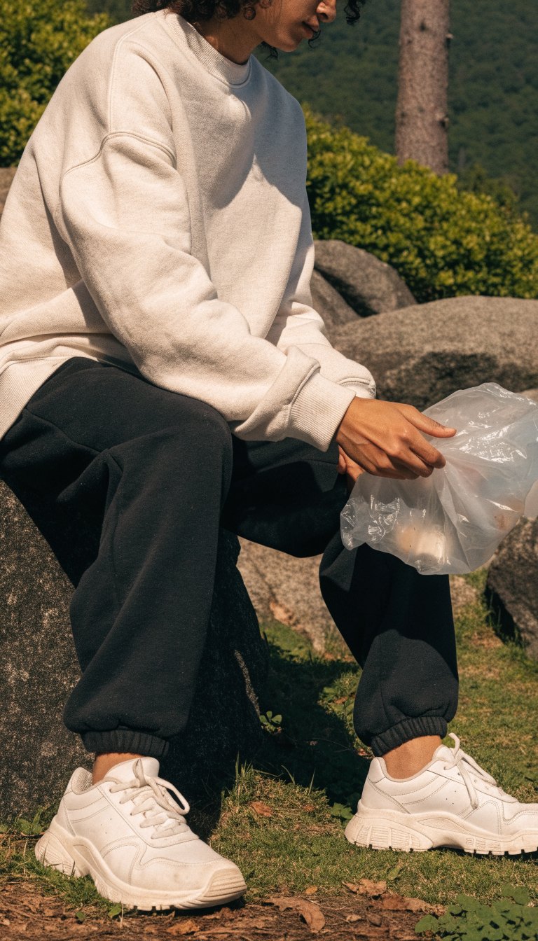 relaxed camp chores outfit with joggers oversized sweatshirt and retro sneakers at campsite