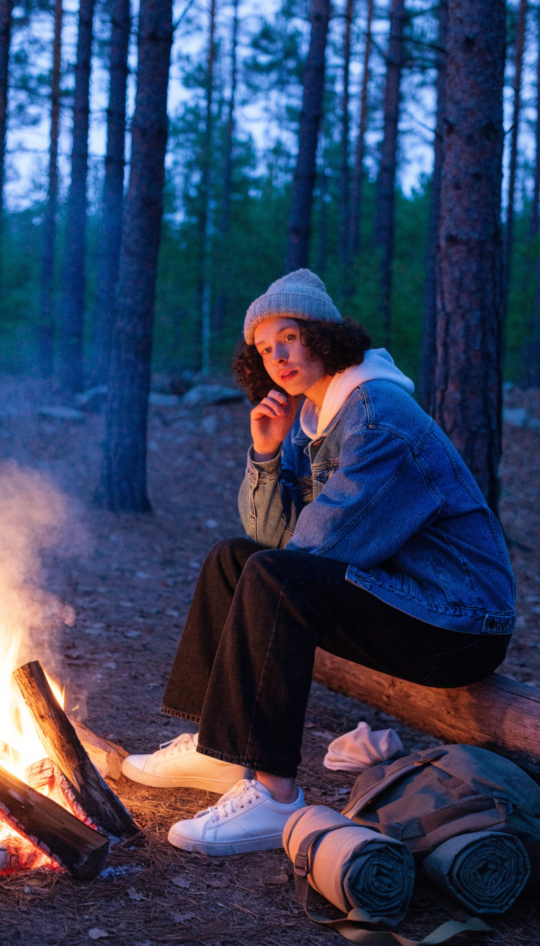 Camper in denim jacket and white hoodie sitting by campfire at dusk