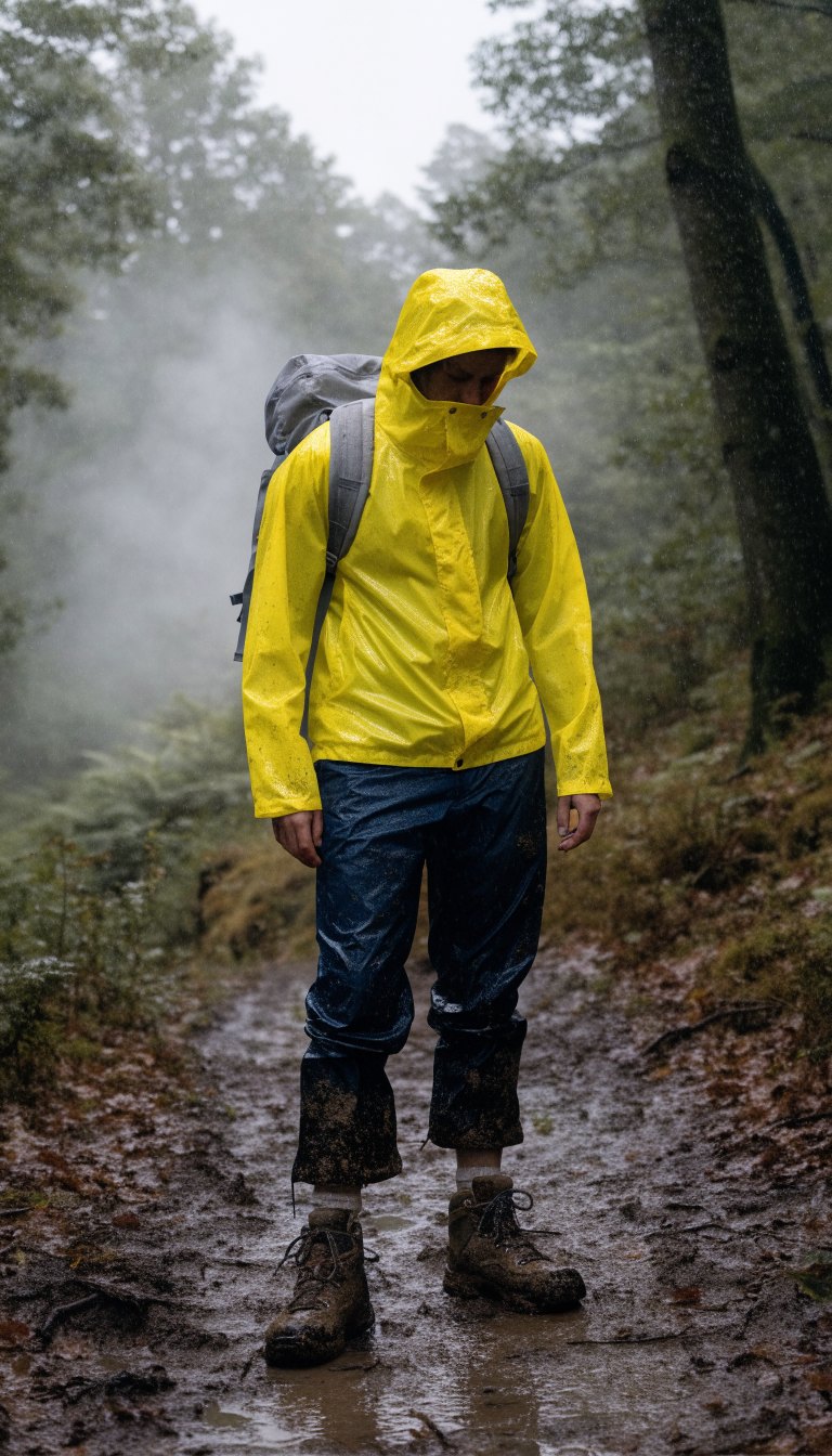 Hiker in bright yellow rain jacket and boots on muddy forest trail