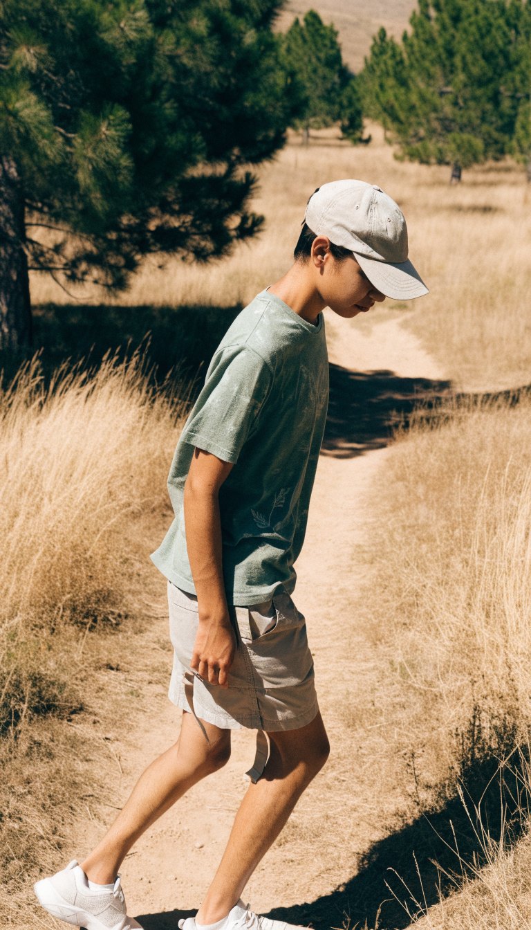 Young hiker in green tee and cargo shorts walking sunny trail