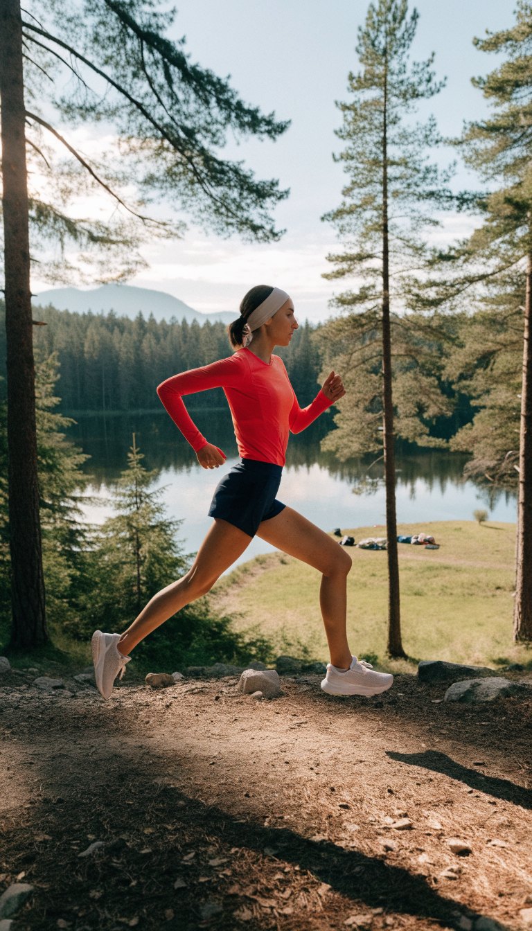 Woman in bright athletic top and shorts running on a lakeside forest trail in morning light