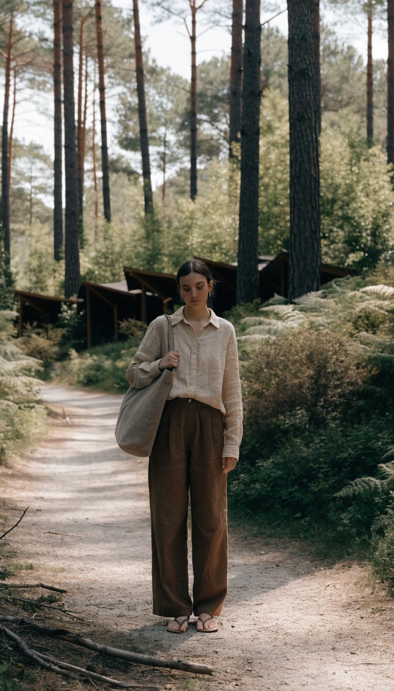 Woman in beige linen top and wide brown pants with tote bag on forest trail