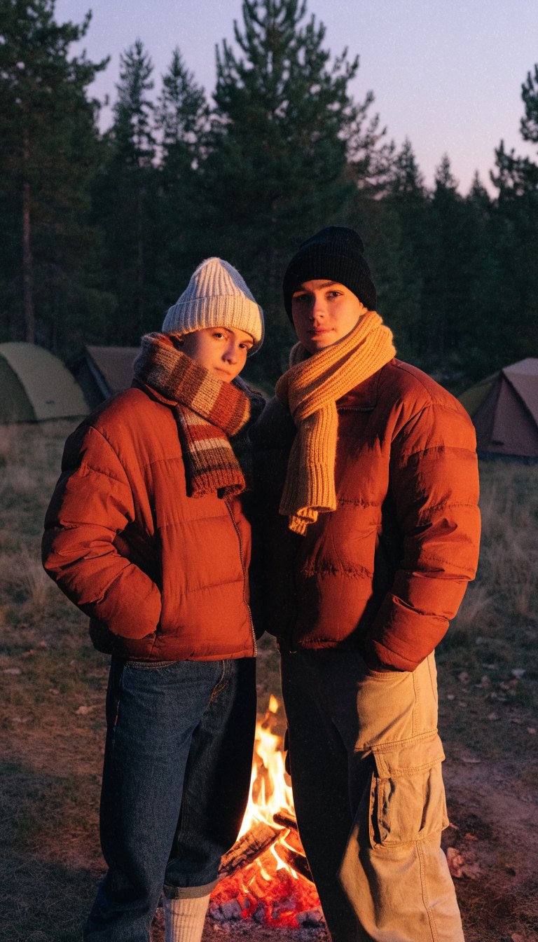 Two friends in matching rust jackets by a campfire at dusk