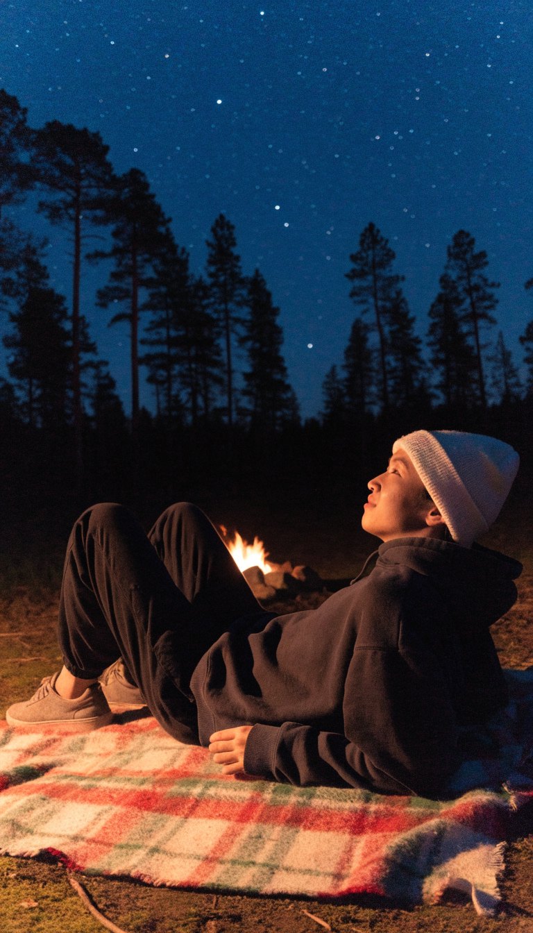 Person in dark hoodie and white beanie stargazing near campfire at night
