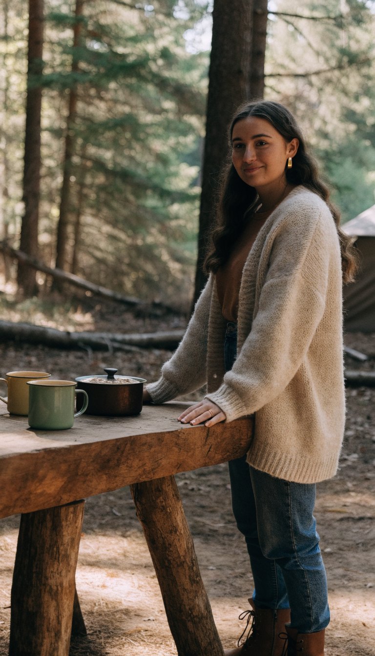 Woman in cream cardigan and jeans at rustic camp kitchen table with mugs in morning light