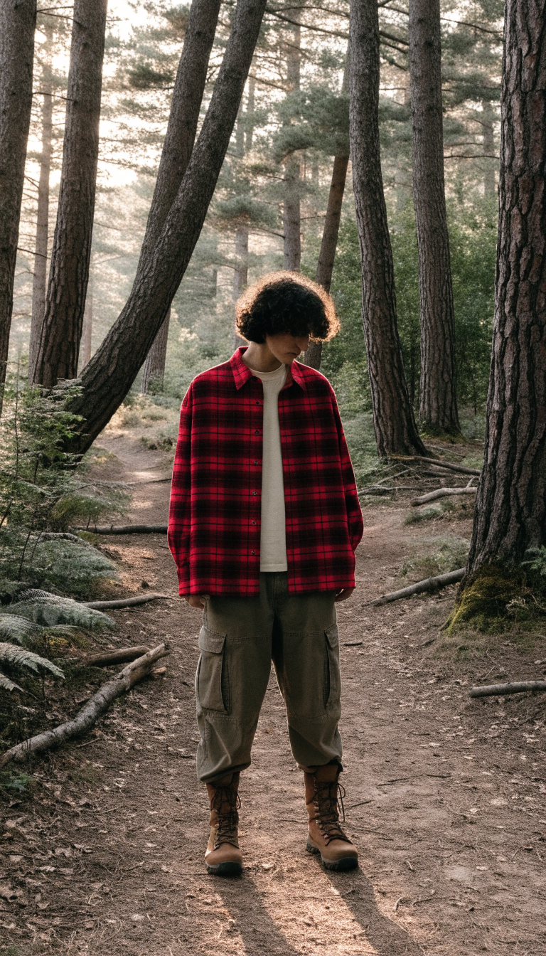 Hiker in red flannel and cargo pants with boots on forest trail