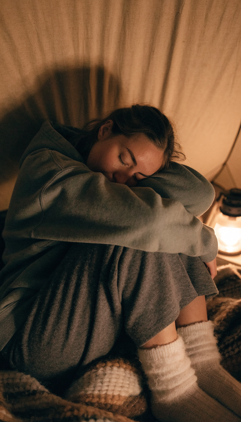 Woman in oversized hoodie curled in sleeping bag inside tent at night