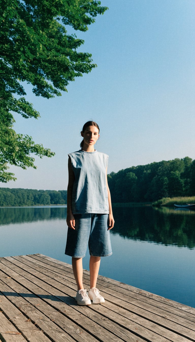 Woman in denim top and shorts on a wooden lake dock in morning light