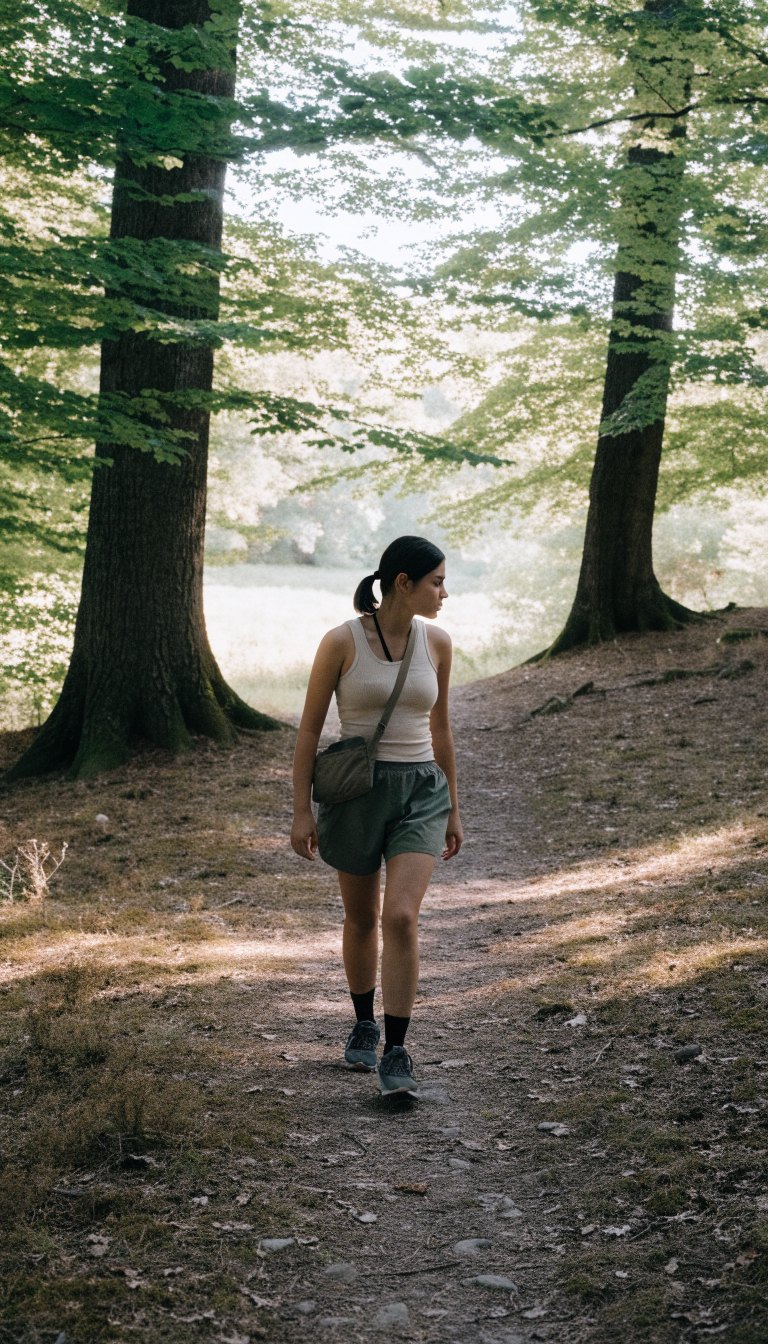 Person in green shorts and tank top hiking on sunny forest trail