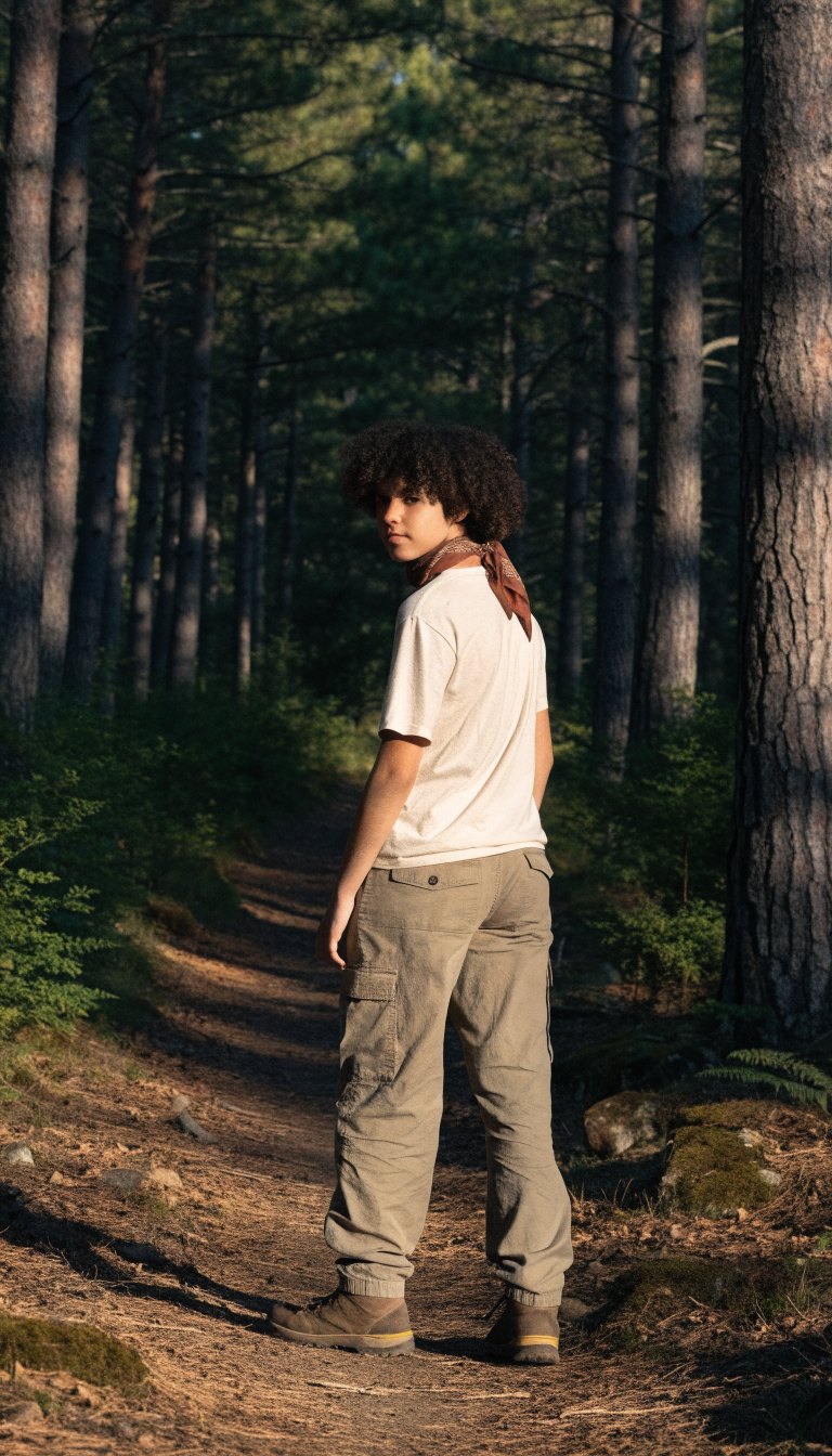 Hiker in bandana and cargo pants standing on forest trail