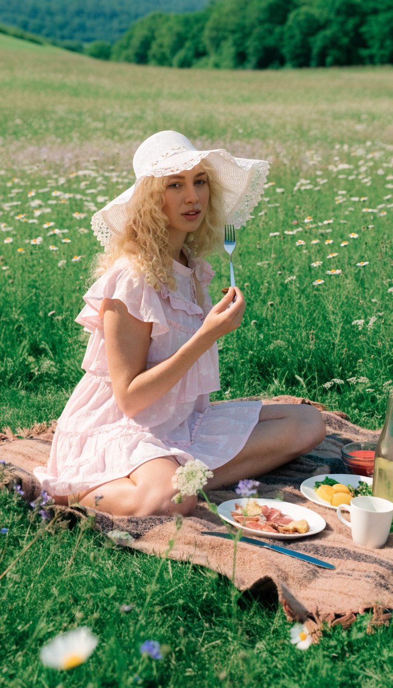 Woman in lace sunhat and dress at meadow picnic