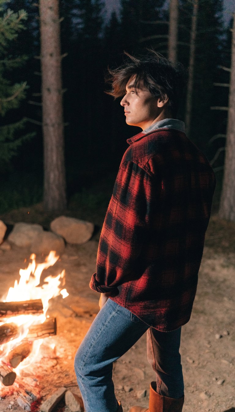 Person in red plaid shirt and jeans standing by a nighttime bonfire
