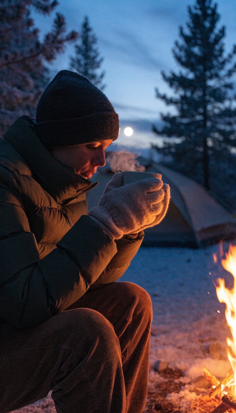 Person in puffer jacket and beanie holding warm mug by campfire on cold night