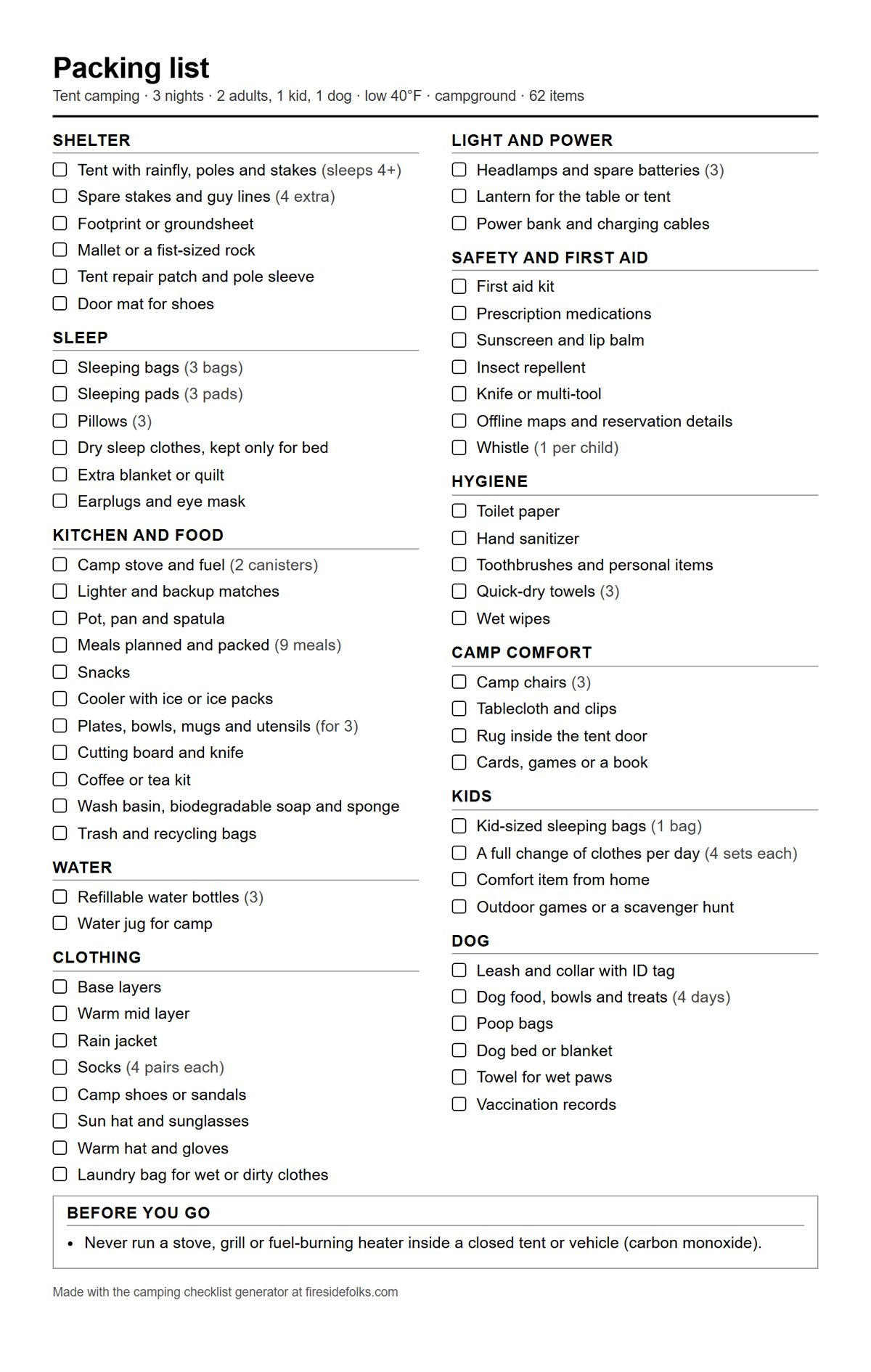 Example PDF from the camping checklist generator for a 3-night tent trip