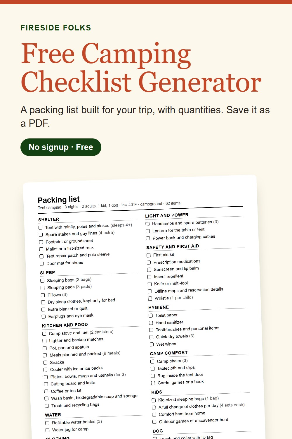 Free camping checklist generator: a packing list built for your trip, saved as a PDF