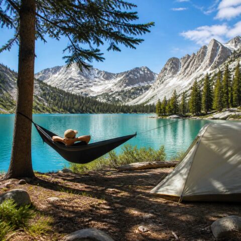 Camper resting in a hammock beside an alpine lake