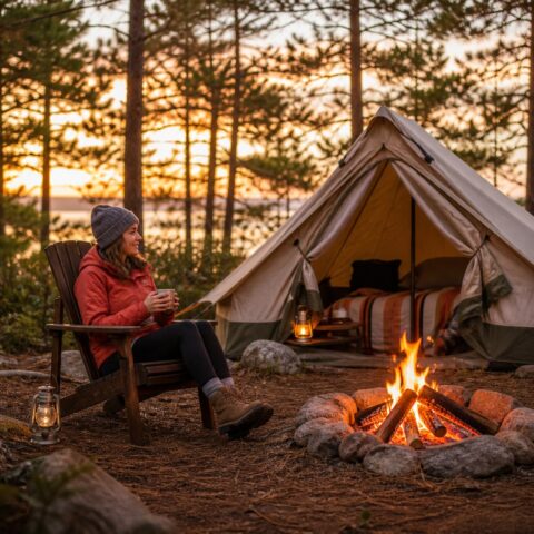 Camper relaxing beside a fire and canvas tent