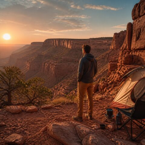 Camper overlooking a red rock canyon at sunset