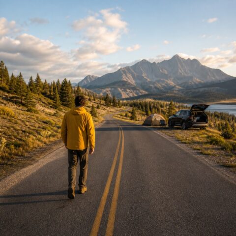 Camper walking toward a mountain roadside campsite