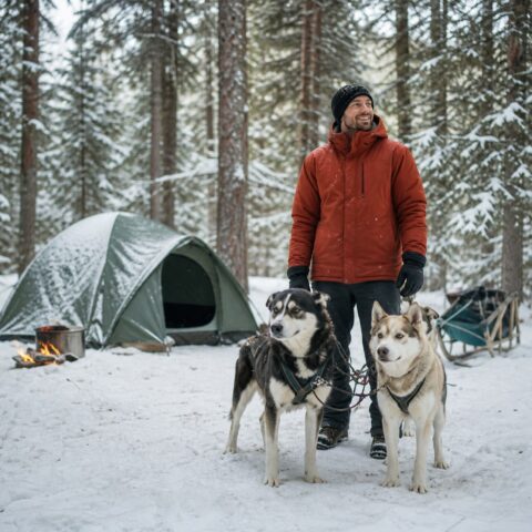 Camper with sled dogs at a snowy forest campsite