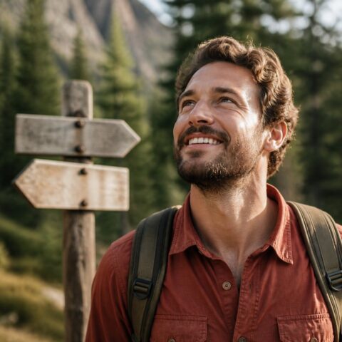 Camper beside a trail sign in warm forest light