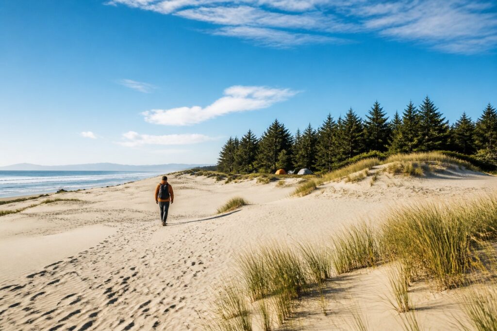 Camper walking across coastal sand dunes toward a campsite